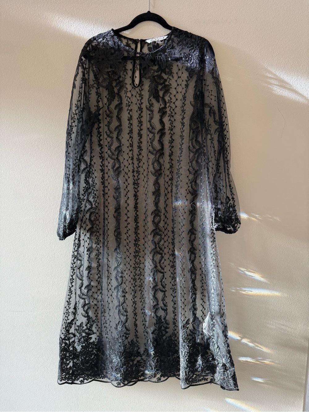 Zara Women’s Black Embroidered Semi-Sheer Tulle Lace Maxi Dress